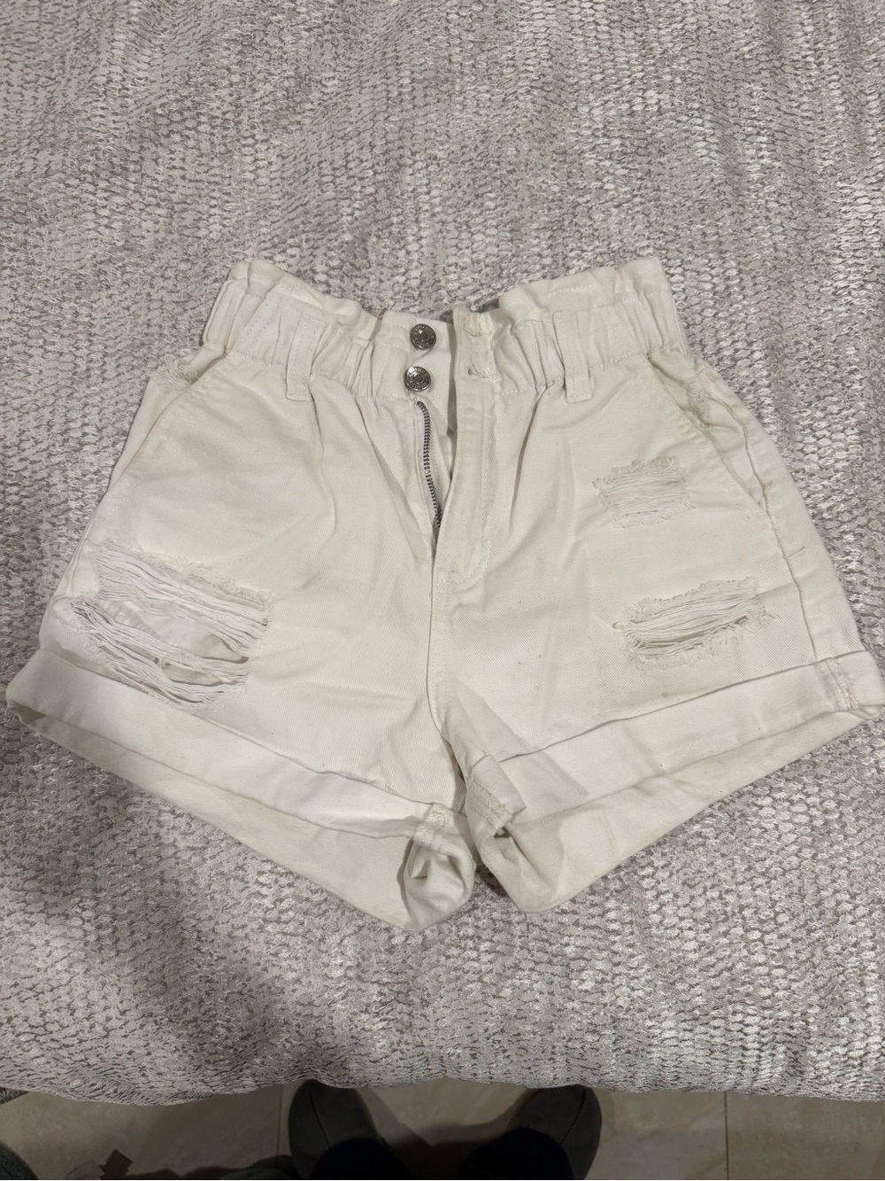 High-Waist Paperbag Distressed White Women’s Shorts